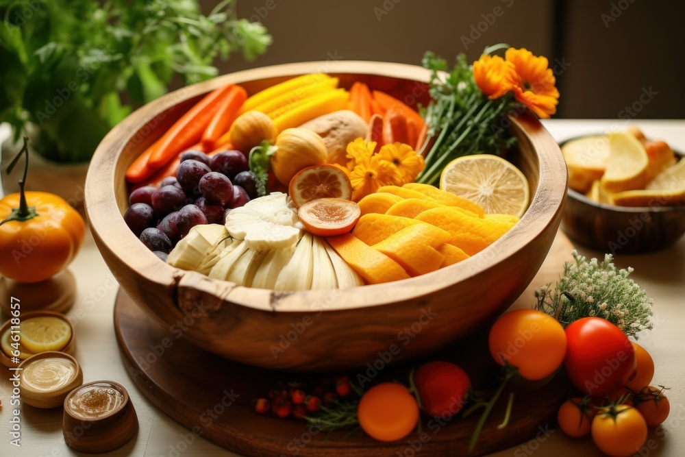 Fresh and Healthy Assortment of Fruits and Vegetables in a Wooden Bowl. Generative AI. Fresh and Healthy Assortment of Fruits and Vegetables in a Wooden Bowl. Generative AI.