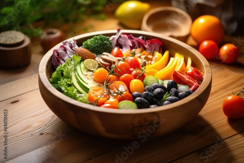 Delicious Healthy Colorful Salad with Vegetables and Fruits in a Wooden Bowl. Generative AI.