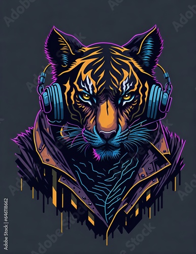 Colorful graffiti illustration of a Tiger as a DJ  wearing headphones  vibrant colors  Digital art