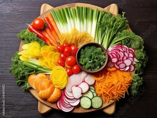 Colorful Vegetables on a Wooden Plate. Generative AI.