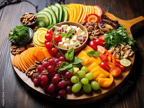 Delicious Tasty Colorful Fruits and Vegetables Assortment on a Wooden Plate. Generative AI.