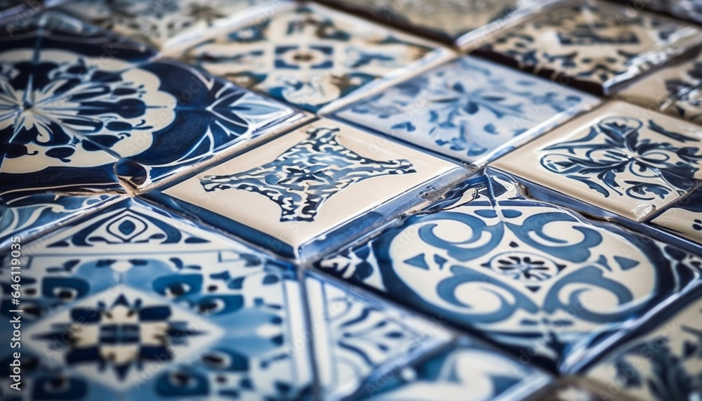 Ornate ceramic tile flooring showcases vibrant cultural history outdoors generated by AI