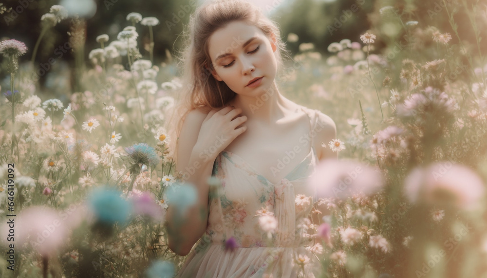 A young woman enjoys the beauty of nature in summer generated by AI