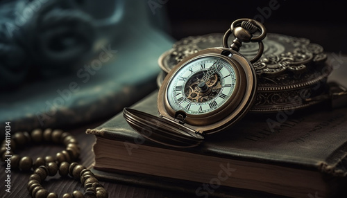 Antique pocket watch on old wooden table, symbolizing history and wisdom generated by AI