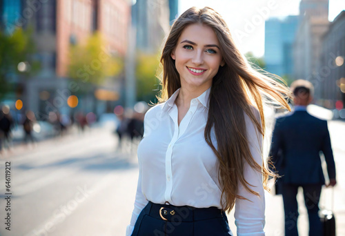 portrait of a caucasian brunette model long-haired in business outfit on a street in a city © bmf-foto.de