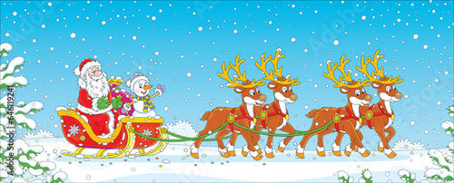 Santa Claus with a funny toy snowman and a large bag of Christmas gifts riding in their magic sleigh with reindeers through a snowy winter forest, vector cartoon illustration