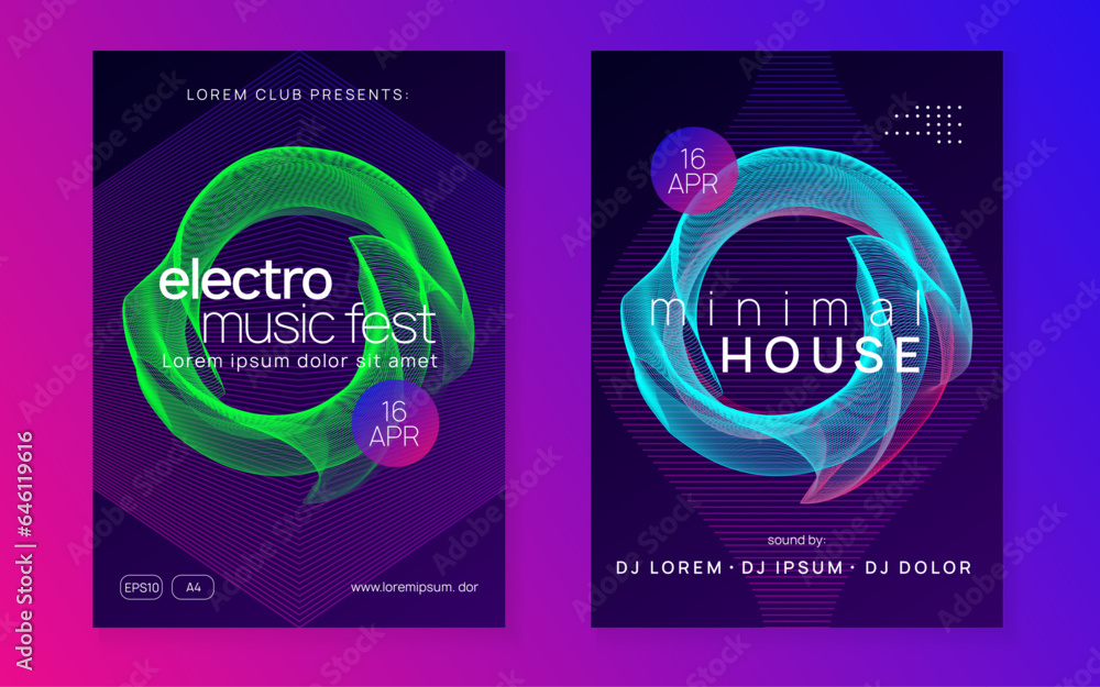 Naklejka premium Electro event neon flyer. Trance dance music. Electronic sound. Club fest poster. Techno dj party.