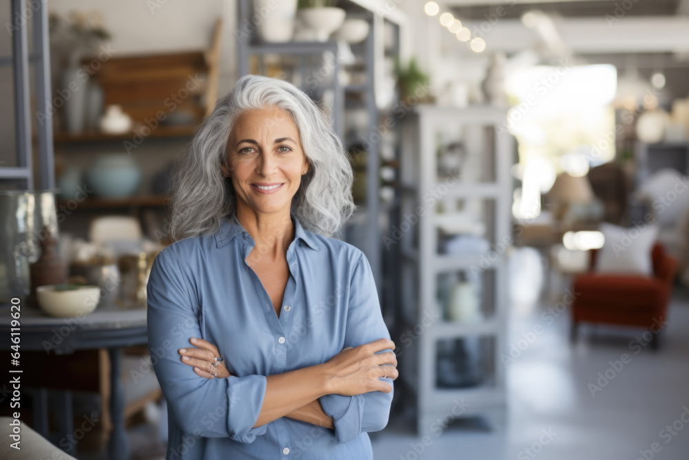 Portrait of a smiling woman with grey hair, small business owner in her furniture store Portrait of a smiling woman with grey hair, small business owner in her furniture store