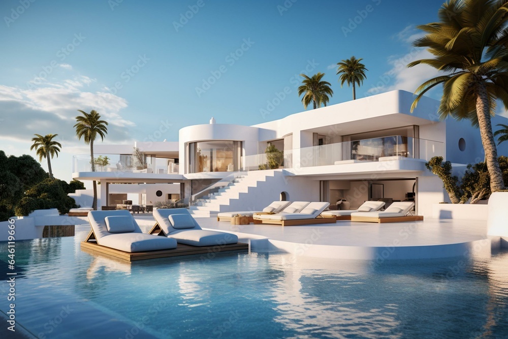 Realistic depiction of luxurious Ibiza villa amidst serene surroundings. Generative AI - obrazy, fototapety, plakaty 