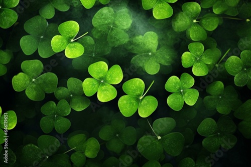 Green clover leaves background with shamrocks, symbol of St. Patrick's Day. March 17 holiday concept. Generative AI