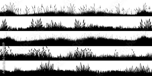 Meadow silhouettes with grass, plants on plain. Panoramic summer lawn landscape with herbs, various weeds. Herbal border, frame element. Black horizontal banners. Vector illustration