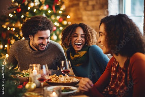 Friends Laughing and Enjoying Christmas Dinner Together