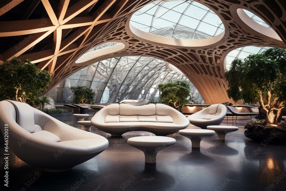 Luxurious contemporary waiting area at an exclusive airport with futuristic decor. Generative AI
