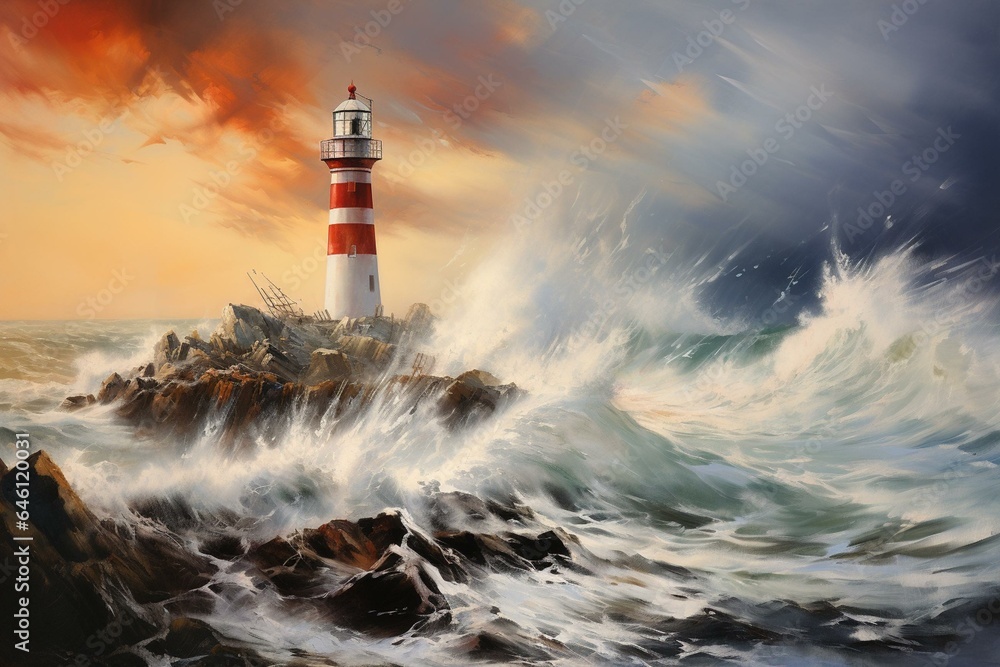 A depiction of a lighthouse and the crashing sea in acrylic oil medium. Generative AI