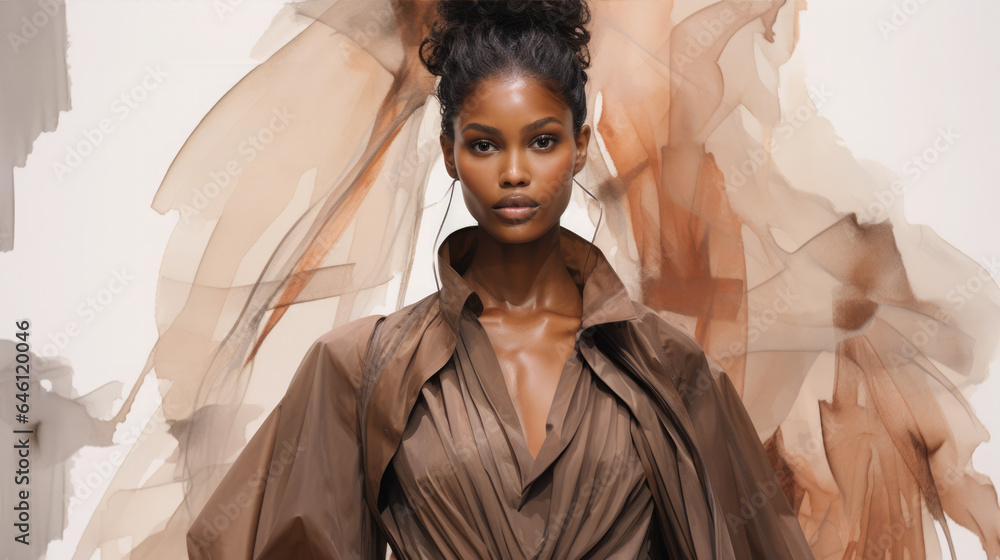 A sketch of a dark-skinned Fashion Week model full body, liner, watercolor, Mushroom color, an earth rendered taupe - obrazy, fototapety, plakaty 