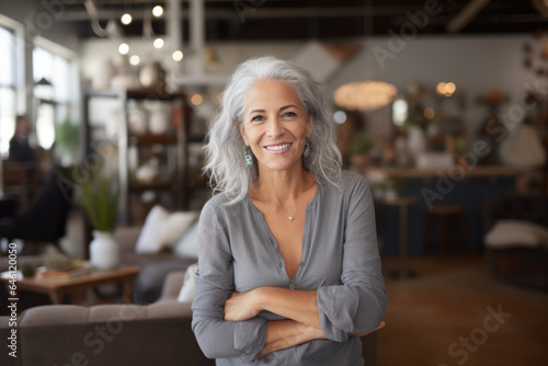 Portrait of a smiling woman with grey hair, small business owner in her furniture store