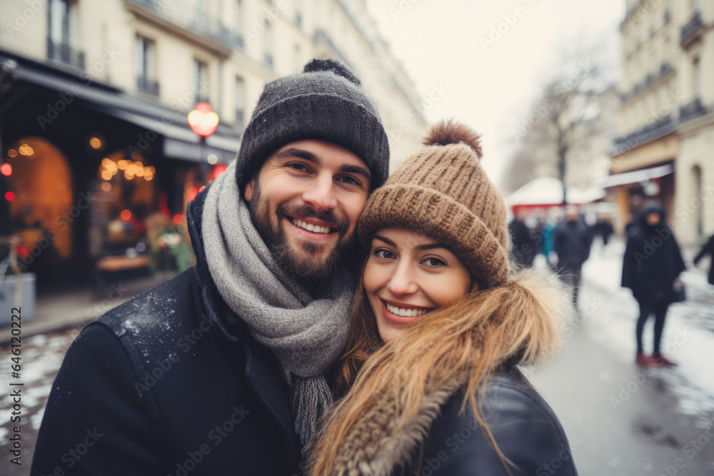 A young cheerful couple having fun in Paris, Enjoying Christmas Market A young cheerful couple having fun in Paris, Enjoying Christmas Market