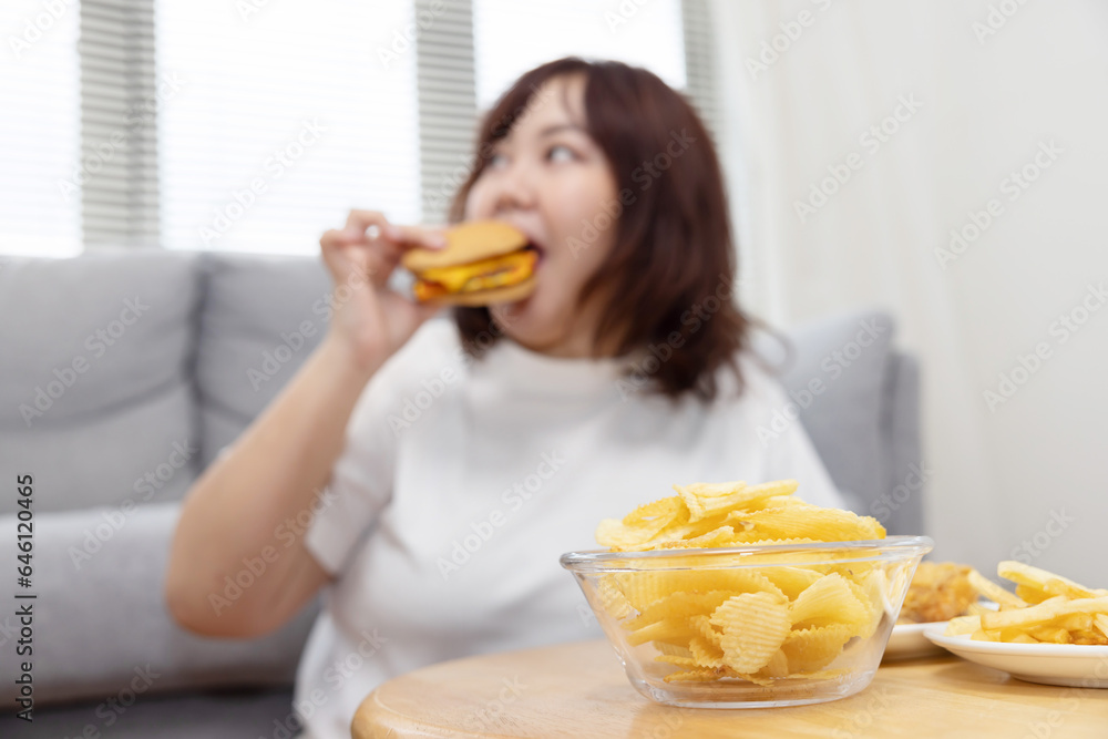 Blurred Chubby Woman Enjoy Eatting Beef Cheese Burger Blurred Chubby Woman Enjoy Eatting Beef Cheese Burger