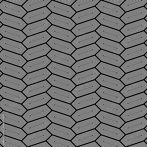 Herringbone motif. Seamless surface pattern design with white hexagons tessellation ornament. Mosaic parquet wallpaper. Black zigzag weaving lines. Jagged strokes. Digital paper, page fills. Vector.