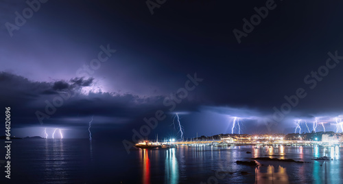 Gran tormenta de rayos sobre el puerto deportivo de Sanxenxo Pontevedra photo