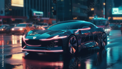 Modern sports car driving through city streets at night generated by AI