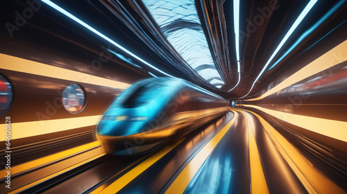 High-Speed Bullet Train Rushing Through Neon Tunnel. A vibrant cityscape captured in motion blur, showcasing futuristic transportation technology..