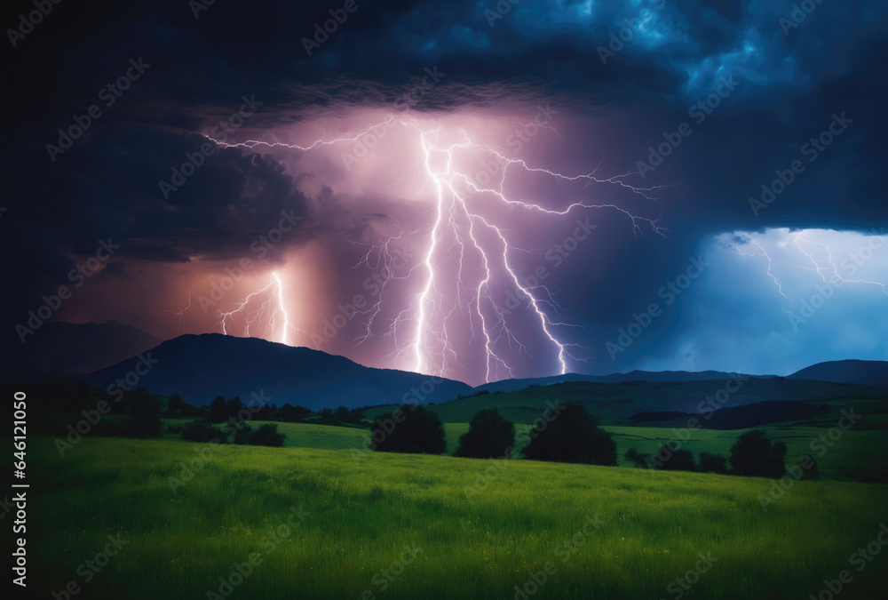 A countryside night illuminated by lightning. Ideal for stormy weather articles and dramatic landscape visuals..