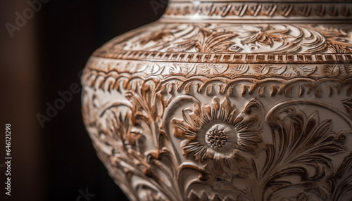 Antique terracotta vase with ornate floral pattern and indigenous creativity generated by AI