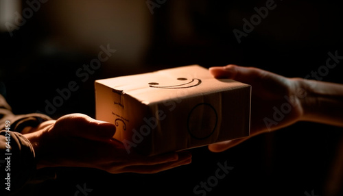 Smiling men holding gift box  working indoors with creativity and joy generated by AI