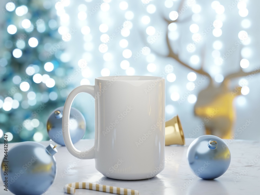 15 oz White Ceramic Mug Mock Up with Christmas Decorations and Bright Lights Unfocused as 3D Rendering. 15 oz White Ceramic Mug Mock Up with Christmas Decorations and Bright Lights Unfocused as 3D Rendering.