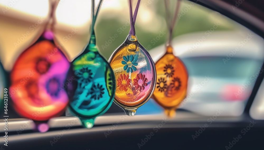 Multi colored glass souvenir car hanging in illuminated window, abstract design generated by AI