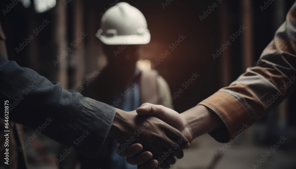 Construction team in hardhats shaking hands over successful partnership agreement generated by AI Construction team in hardhats shaking hands over successful partnership agreement generated by AI