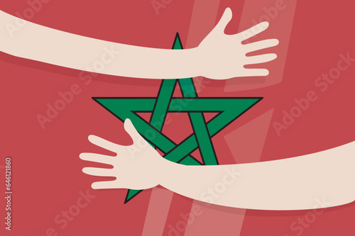 Support for Morocco; Moroccan Flag With a Hug embrace sign  Earthquake disaster vector illustration