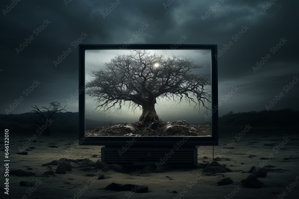 Digital display with a somber tree, a sinister online concept, produced through advanced algorithmic technology. Generative AI