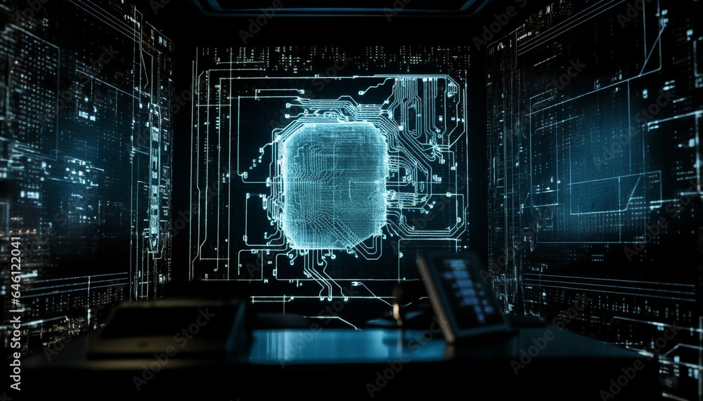 Futuristic computer chip design glows blue on dark circuit board generated by AI Futuristic computer chip design glows blue on dark circuit board generated by AI