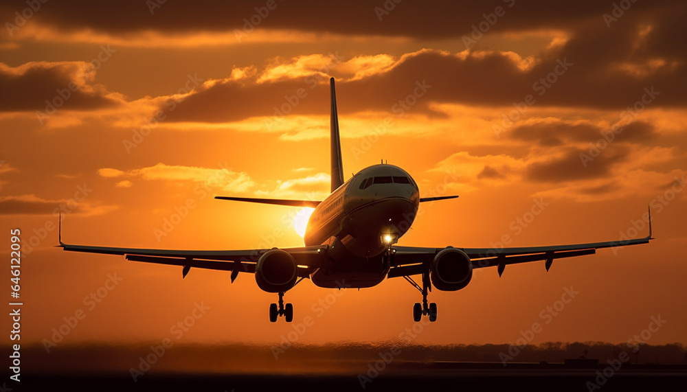 Silhouette of commercial airplane taking off at sunset, leaving mid air generated by AI