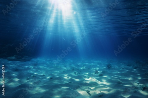 Sunlit empty blue underwater with sand sea floor. Generative AI
