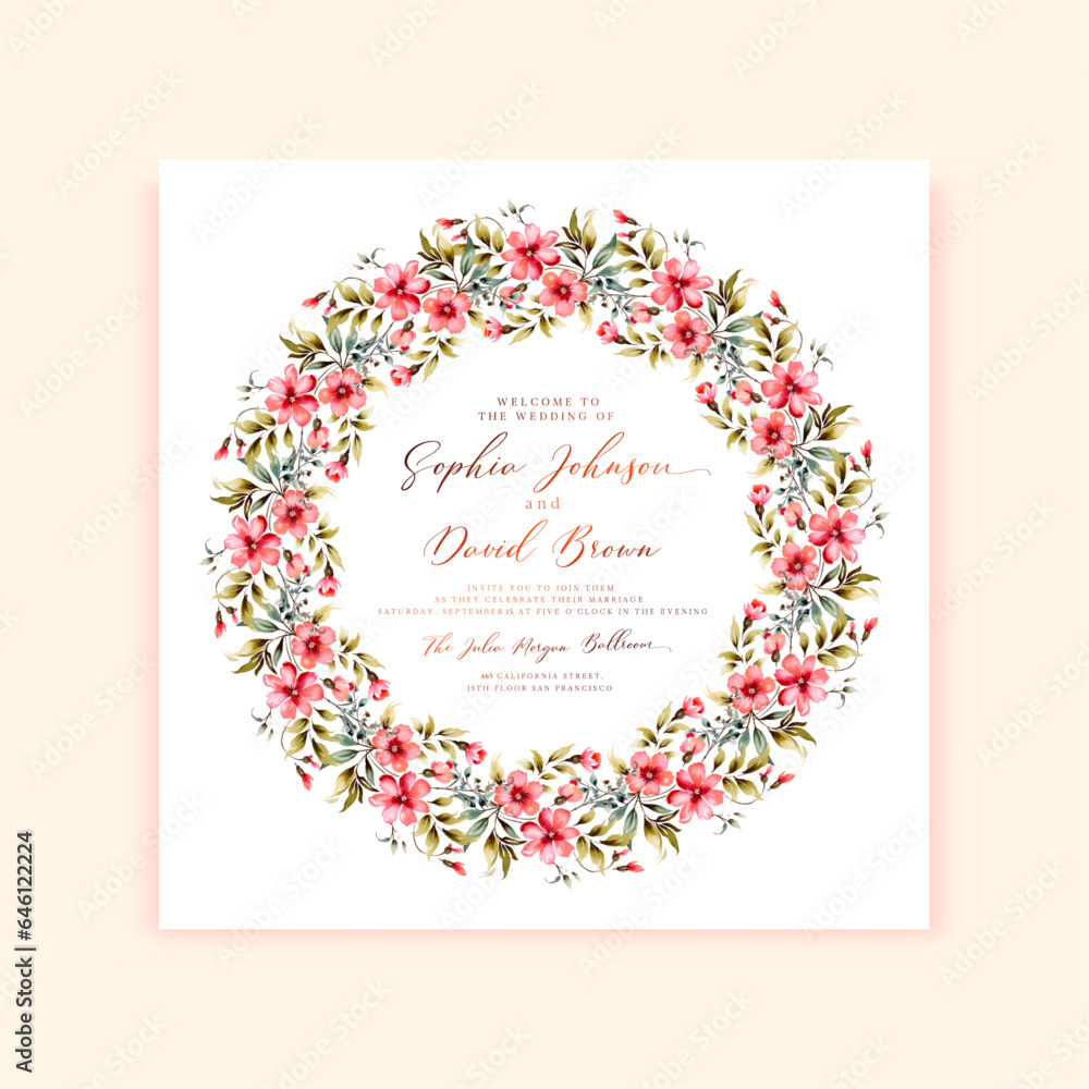 Wedding floral square invitation card design with vintage wild watercolor flowers. vector