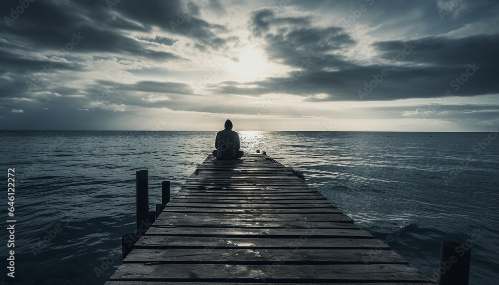 Obraz premium One person sitting on jetty, enjoying tranquil sunset vacation generated by AI