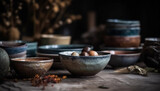 Organic food in rustic earthenware bowls on wooden table indoors generated by AI