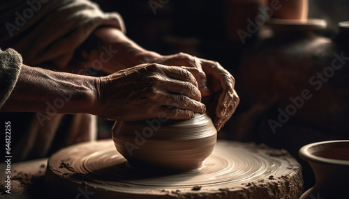 Craftsperson skillfully turning wet clay on pottery wheel, creating earthenware vase generated by AI