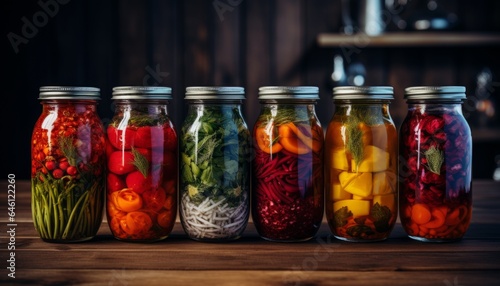 Assorted canned food in glass jars with a variety of pickled vegetables and fruits. generation AI