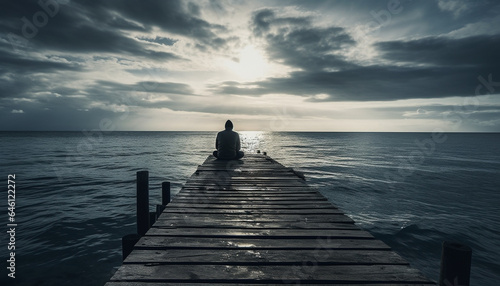 One person sitting on jetty, enjoying tranquil sunset vacation generated by AI © Stockgiu