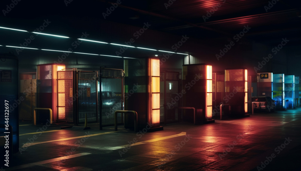 Modern transportation industry illuminates dimly lit underground storage corridor generated by AI - obrazy, fototapety, plakaty 