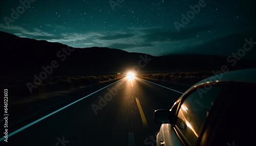 Driving through the dark, illuminated by star trail and headlights generated by AI