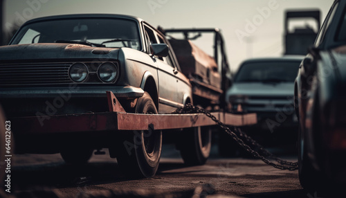 Vintage car driving outdoors with rusty metal and chrome headlight generated by AI © Stockgiu