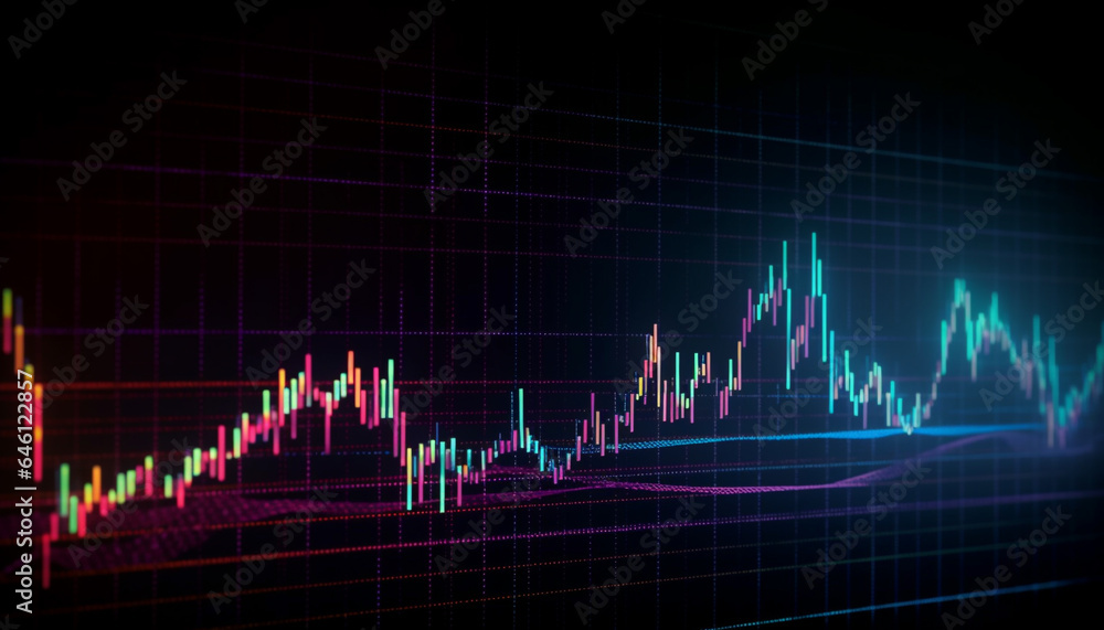 Digital chart analyzes frequency of business growth in multi colored pattern generated by AI