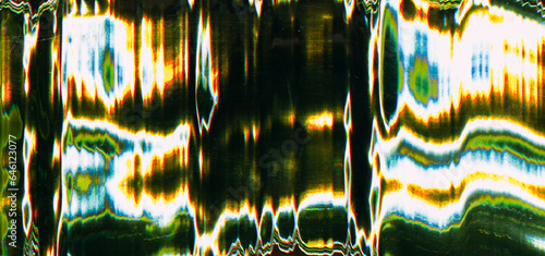 Glowing light. Glitch distortion. Overlay background. Black display with neon green orange white smearing vibration lines pattern.