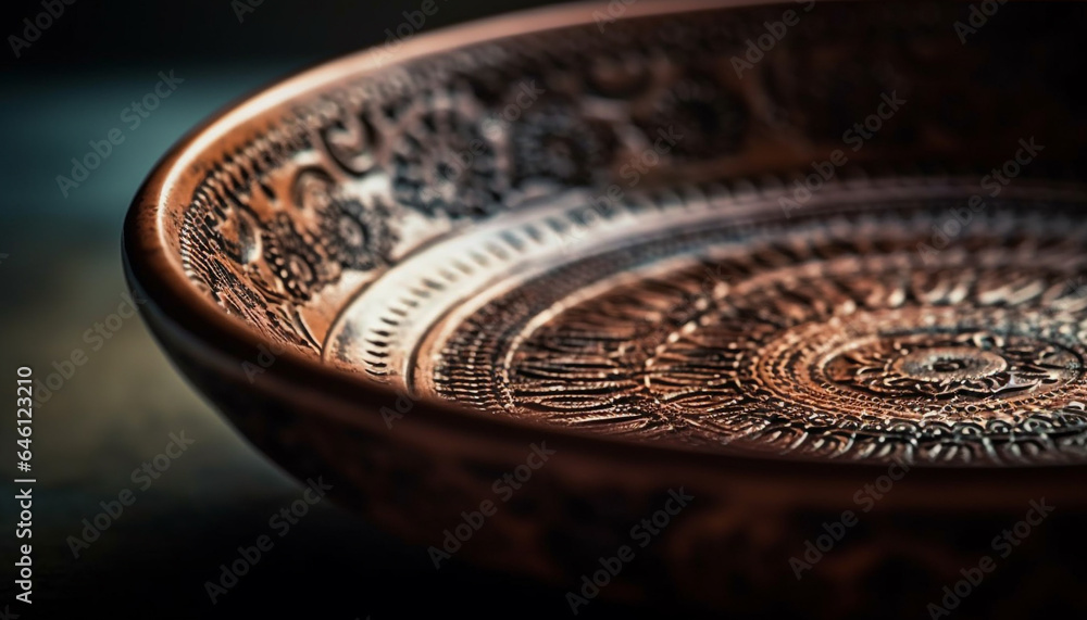 Antique earthenware bowl with ornate pattern on wooden table generated by AI