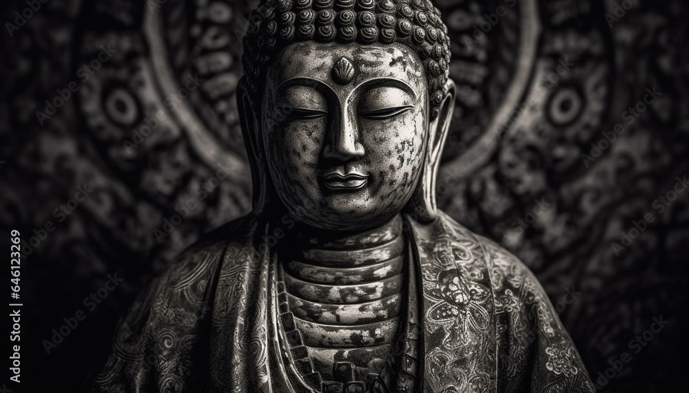 Ancient statue of Buddha meditating in tranquil East Asian culture generated by AI